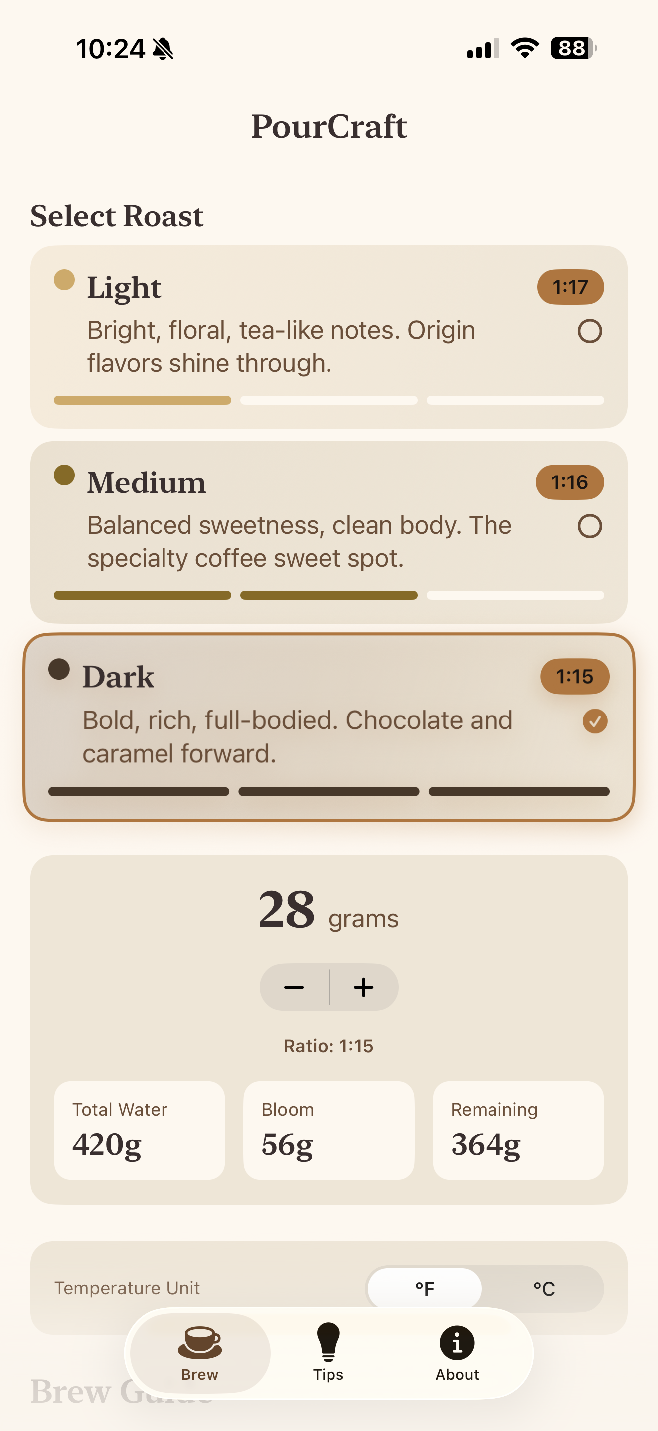 PourCraft brew calculator showing roast selection and coffee weight input