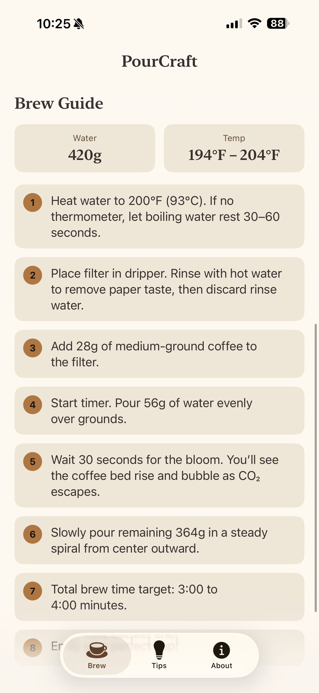 Step-by-step brew guide with precise measurements