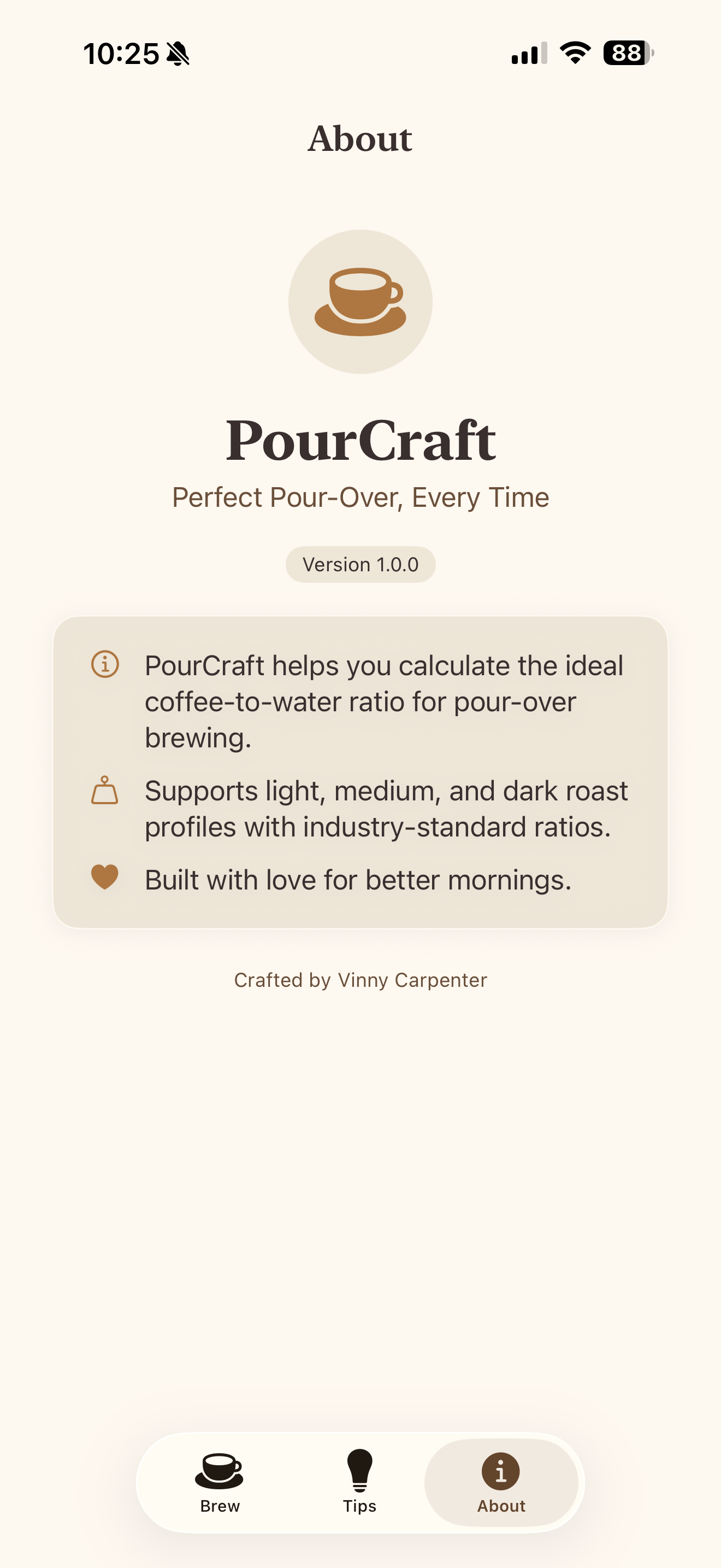 About screen showing app info and features
